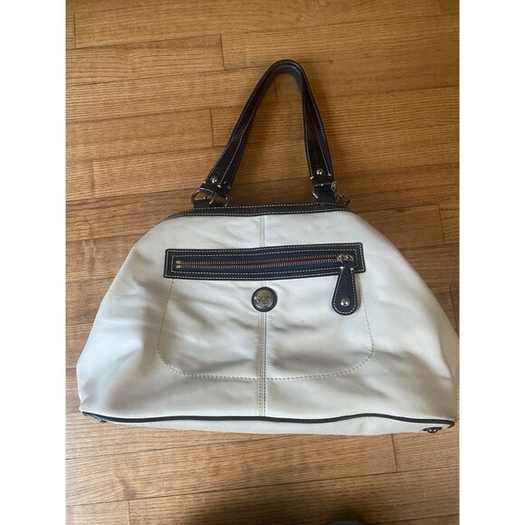 VTG Coach Beige & Navy Leather Tote Handbag With Kiss Lock Closure & Front Zip - Picture 1 of 8
